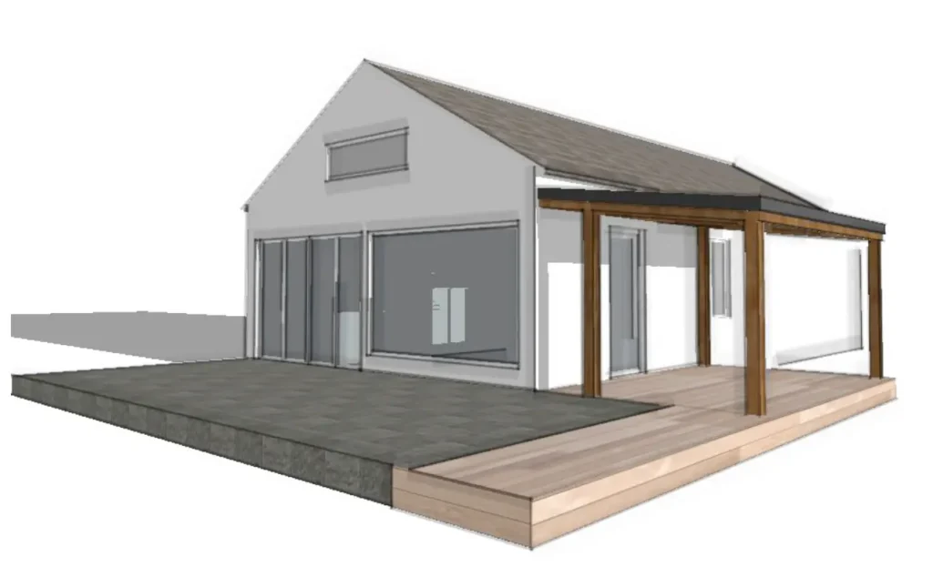 modélisation 3d terrasse en Cumaru et pergola en Pin du Nord à Mesquer posé par Anex Ouest